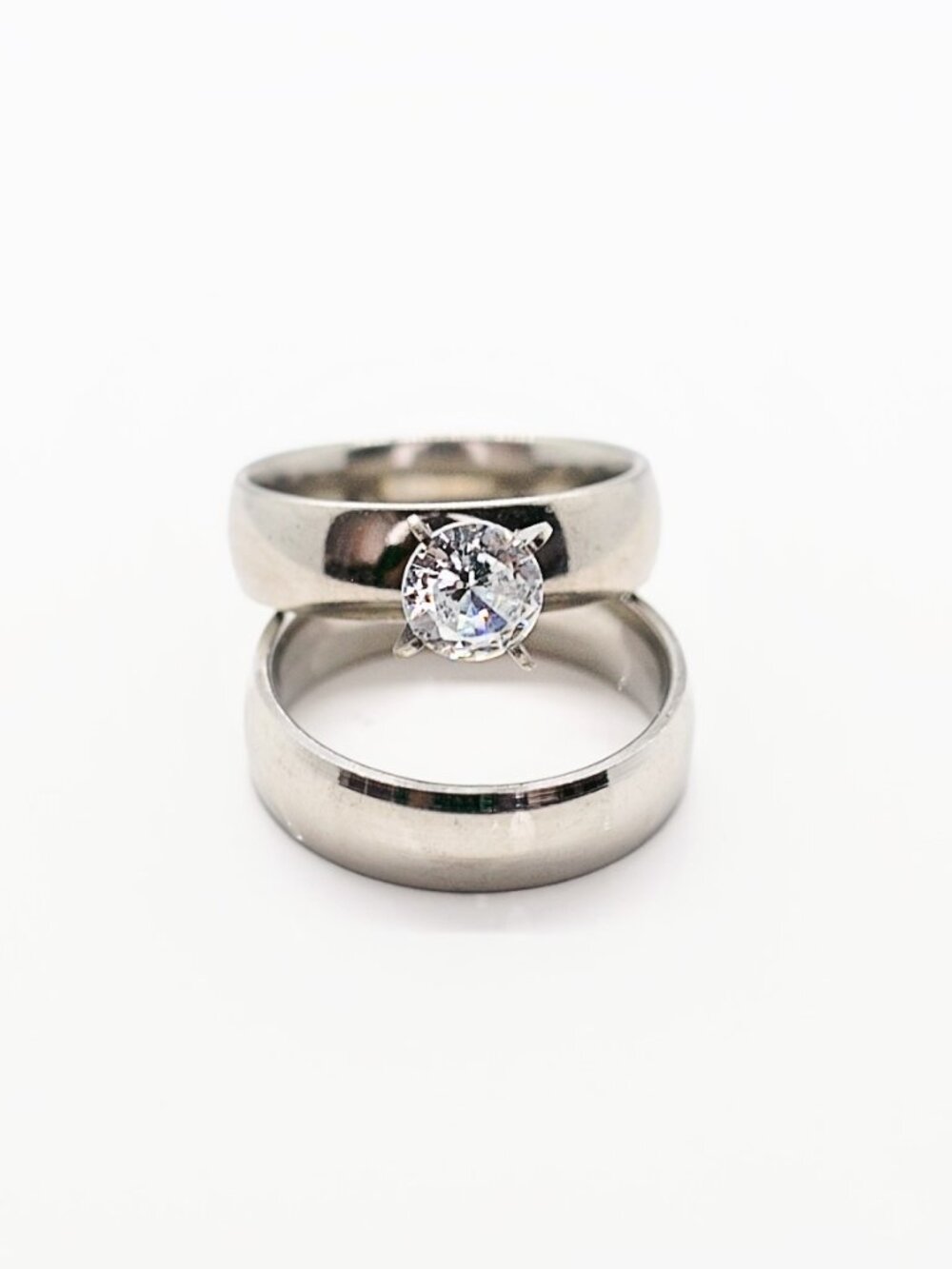 Size 11 Silver Stainless Steel CZ Engagement & Wedding Ring Bridal Set